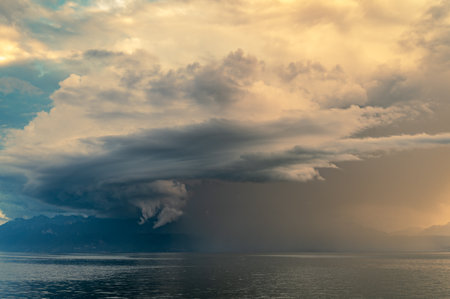 Arcus storm over lake. Landscape of Lake Geneva, mountains and sky at sunset. Dramatic sky....