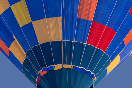Close up of hot air balloon. Color backgrounds. Blue, red, yellow and orange. Abstract backgrounds.の写真素材