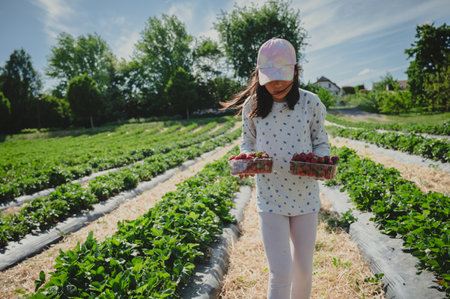 Child picking strawberries. One Asian girl in the organic farm in spring.の写真素材
