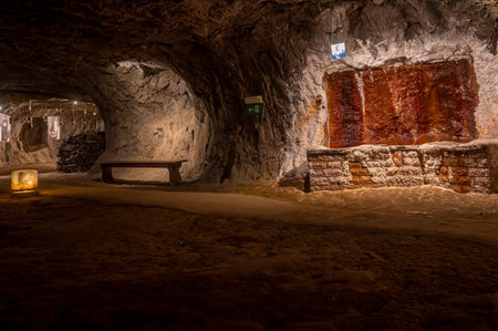 Bex, Vaud Canton, Switzerland - 8 April 2023: Underground of Bex salt mine in Switzerland. Illuminated walkways.のeditorial素材