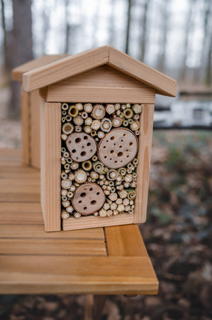 Handmade wooden insect house. Wooden insect hotel on table. Animal shelter. Environment protection and sustainability.の写真素材