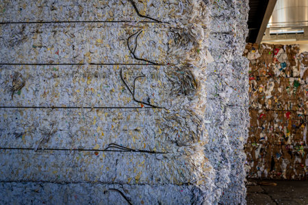Stacked packages of shredded waste paper for recycling in Switzerland. Environment conservation.