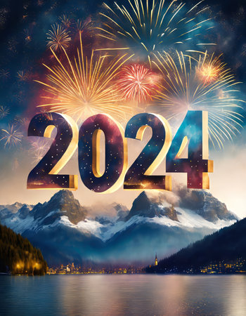 Firework displaying the number 2024. New Year's Eve. Celebration.の素材