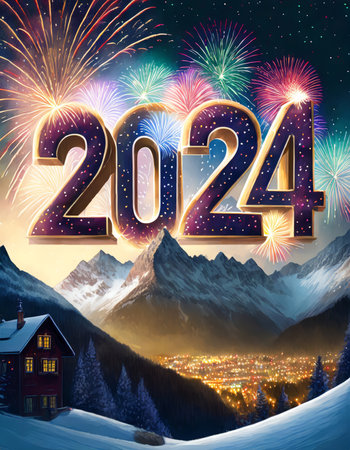 Firework displaying the number 2024. New Year's Eve. Celebration.の素材
