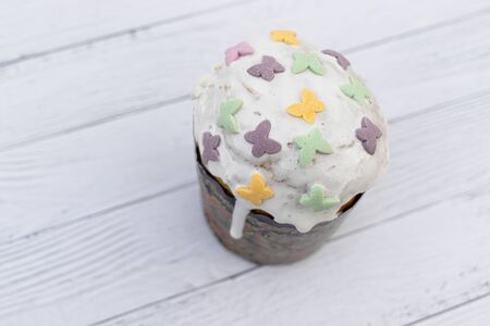 Easter Cake with dripping icing on white background. Russian and Ukrainian Traditional Kulich,...