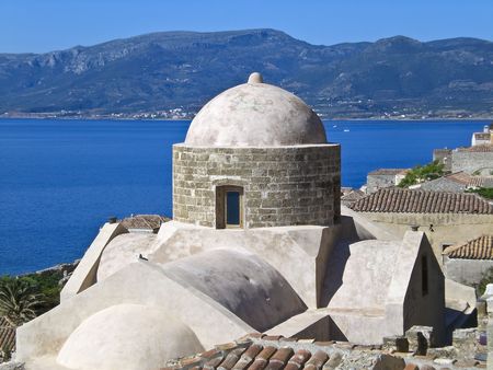 Scenic high view of Monemvassia in Greece.  View of Citadel church and surround ancient architecture.の写真素材
