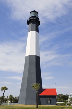Tall modern lighthouse with surrounding palm trees.の写真素材