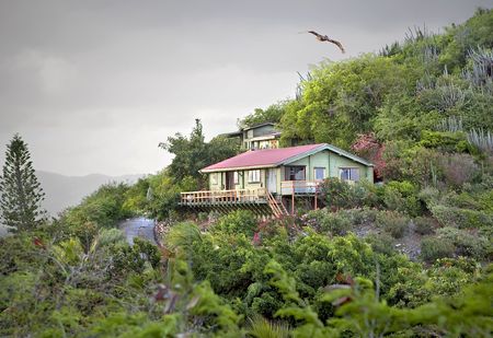 Beautiful small home on the side of a lush green mountain.の写真素材