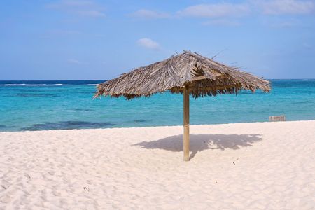 Beautiful tropical beach shoreline with a palm covered hut.の写真素材