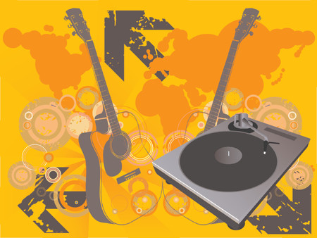 Retro vector with a dj mix turntable and a grunge starburst background with guitar and a world map. Concept: Party and entertainment, world music.のイラスト素材