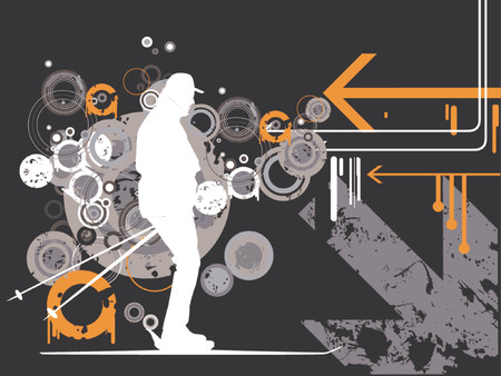 Skier against a winter grunge retro background with rings and arrows. Vector image.のイラスト素材