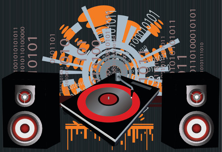 Vector - Retro with grunge background and a dj mix turntable. Concept: Party and entertainment.のイラスト素材