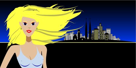Vector - Girl in bikini posing with wind blowing in her hair and cityscape in the background.のイラスト素材