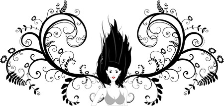 Vector - Girl in bikini posing with wind blowing in her hair and floral vines in the background.のイラスト素材