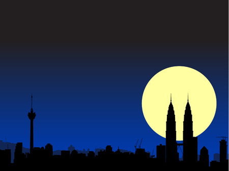 Vector - Brightly lit modern city with the moon in the background.のイラスト素材