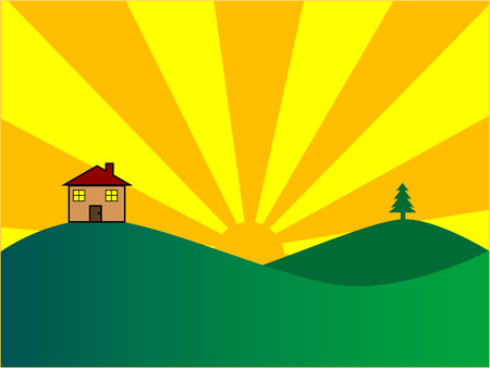 Vector illustration of a home against a rising or setting sun.のイラスト素材