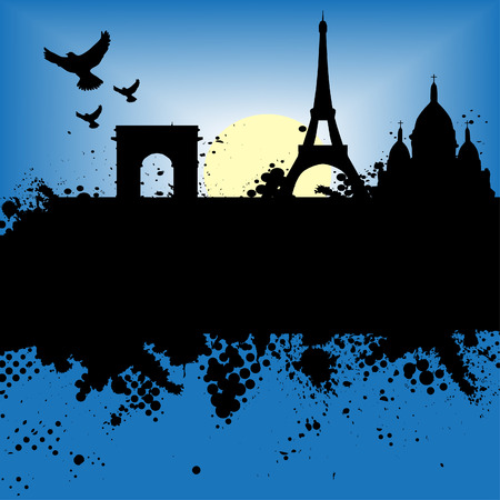 Vector - Paris, France Grunge city at night with the Eiffel tower and moonlight.のイラスト素材