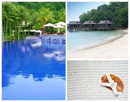 Beach vacation at a tropical island - swimming pool at a resort, sandy beaches and seashells.の写真素材