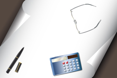 Vector - Stationery set with calculator pen glasses and corner curl paper for text insertのイラスト素材