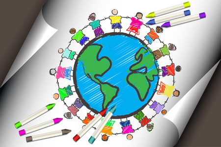 Illustration of a Group of kids with different races holding hands drawn on paper with crayonのイラスト素材