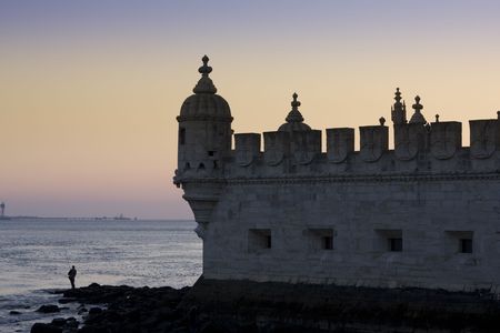 Sunset at torre de belem tower in lisbon, portugalのeditorial素材
