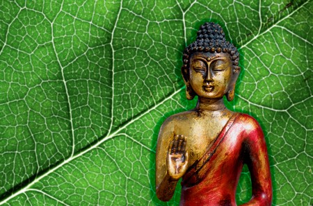 Golden buddha statue posing in zen and serene position against a nature backgroundの写真素材