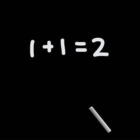   Illustration of a white piece of chalk with one plus one scribble on the blackboardの写真素材
