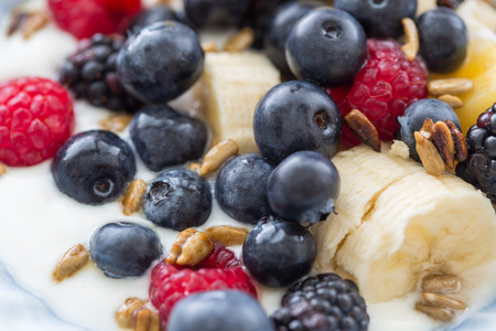 Plate of mixed fruits with yogurt, raspberry, blueberry, banana, gooseberryの写真素材