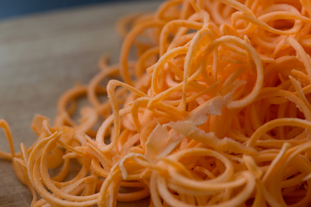 Close up of sliced sweet potato noodles on a baking trayの写真素材
