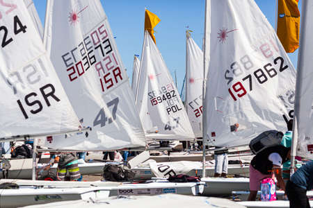 Kiel, Germany- June, 17th 2017: Sailors of the 4.7er boats prepare for the regatta in the  port of Kiel-Schilkseeのeditorial素材