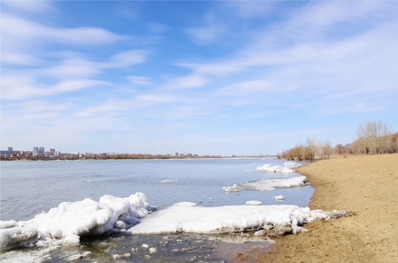 Spring landscape  with  debacle on river Irtysh. Omsk Russia.の写真素材