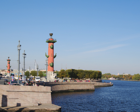 St.Petersburg, Russia - October 7, 2014: Spit of Vasilyevsky island, views of embankment and Rostral columnsのeditorial素材