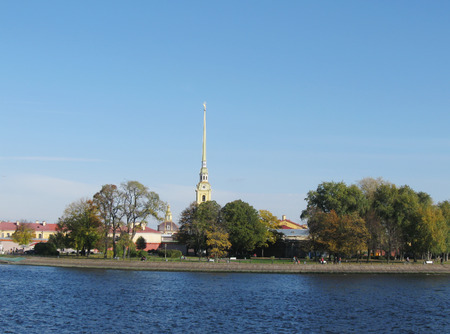 St.PETERSBURG, RUSSIA - OCTOBER 7, 2014: views from Neva river embankment of Zayachy island,   Peter and Paul fortress and Cathedralのeditorial素材