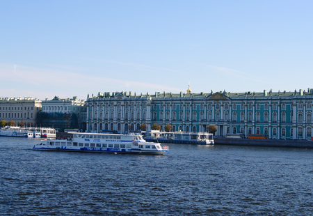St.Petersburg, Russia - October 7, 2014: views from river Neva Palace embankment, Hermitage building and floating passenger ships, St.Petersburg, Russiaのeditorial素材