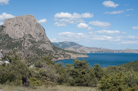 Crimean landscape, juniper trees, Sokol mountain and Black seaの写真素材
