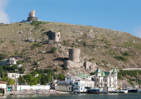 views of Balaklava bay, mountain Kastron and fortress Cembalo, Crimeaのeditorial素材