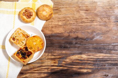 Top view cookies stuffed with grains on woodenの写真素材
