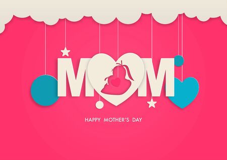 Mother's Day of paper art design, contain hearts stars are holding by string on cloud, Mom text white color is floating and Happy Mother's Day text at under.のイラスト素材