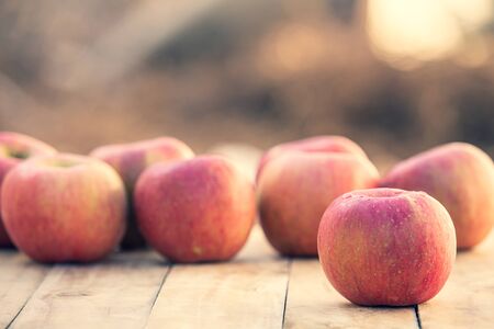 Red apples on wooden table. Copy space.の写真素材