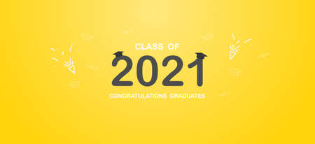 Class of 2021. Graduation banner with black numbers, graduate academic cap, Concept for graduation design. Congratulation card with lettering text. Vector.のイラスト素材