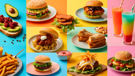Fast food collage. Big hamburger, cheeseburger, french fries, avacado, mojito, mojito and soda on colorful backgroundの素材
