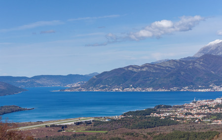 Birds eye view of Bay of Kotor and Tivat city. Winter in Montenegroの写真素材