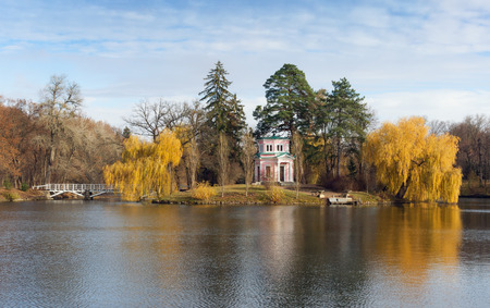 Upper pond and Pink Pavilion on Island of Anti-Circe in park "Sofiyivka" National dendrological park of Ukraine.  Uman city, Central Ukraineの写真素材