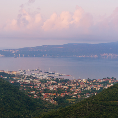 Sunrise. Bird-eye view Bay of Kotor near Tivat city. Montenegroの写真素材