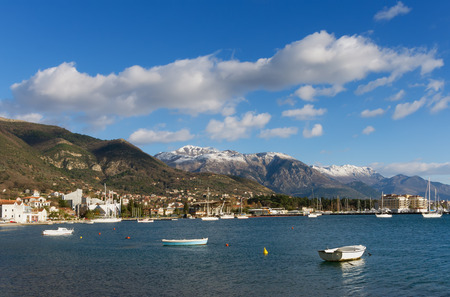 View of Tivat city from the sea in winter. Montenegroの写真素材