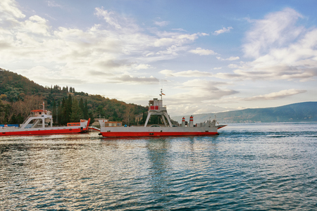 View of ferry port at Lepetane village on a winter morning. Bay of Kotor, Montenegro.の写真素材