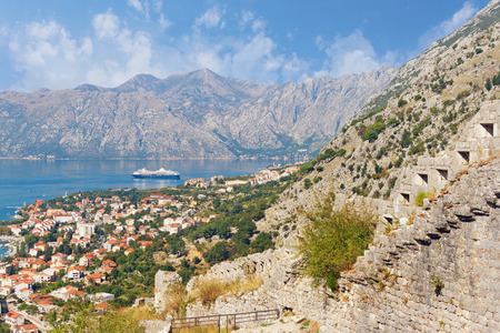 View of Kotor city and Boka Kotorska Bay from the old city walls.  Montenegroの写真素材