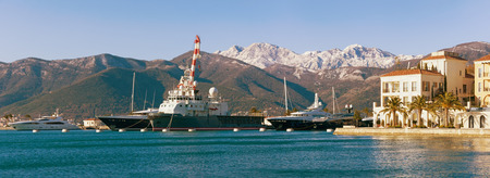 Port  in Tivat city with mountain background on a sunny winter day. Bay of Kotor,Montenegroの写真素材