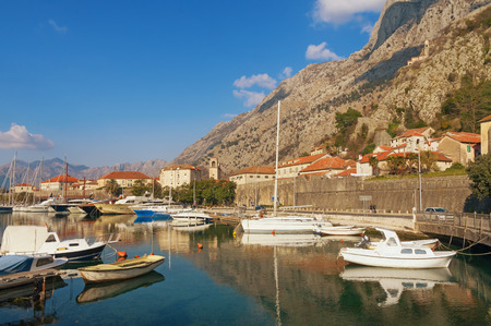 View of Boka Kotorska Bay and embankment of Kotor city on a sunny winter day. Montenegroの写真素材