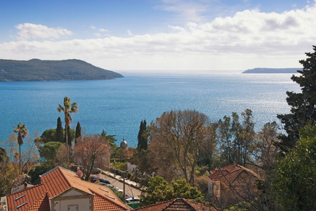 View of the coastal town of Herceg Novi located at the entrance to the Bay of Kotor. Montenegro.の写真素材